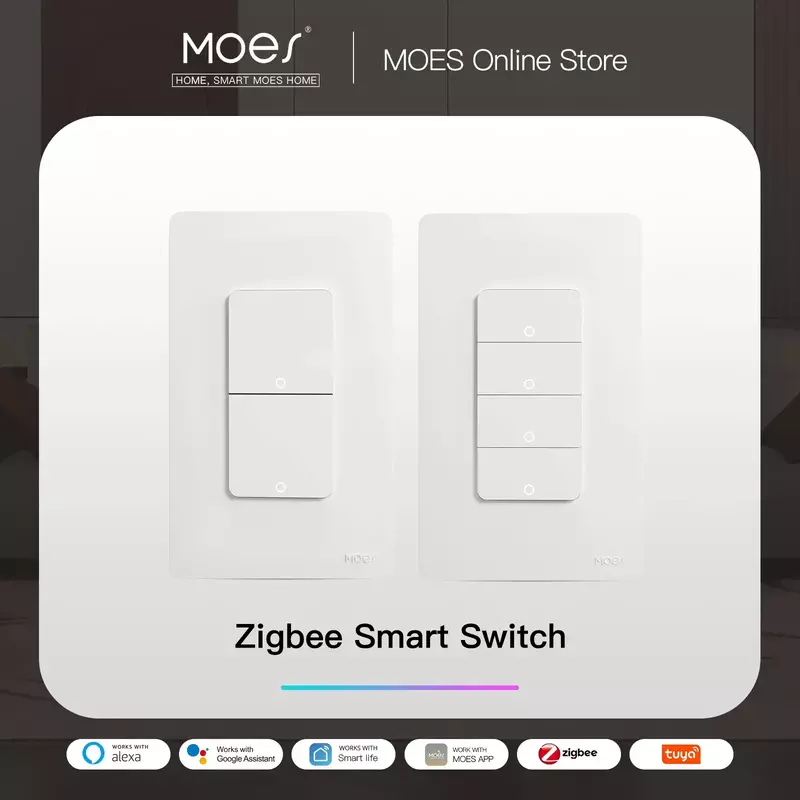 MOES-interruptor de luz inteligente Tuya ZigBee US, interruptor de pared con botón, funciona con Alexa, Google Home, cable neutro, No requiere cable neutro