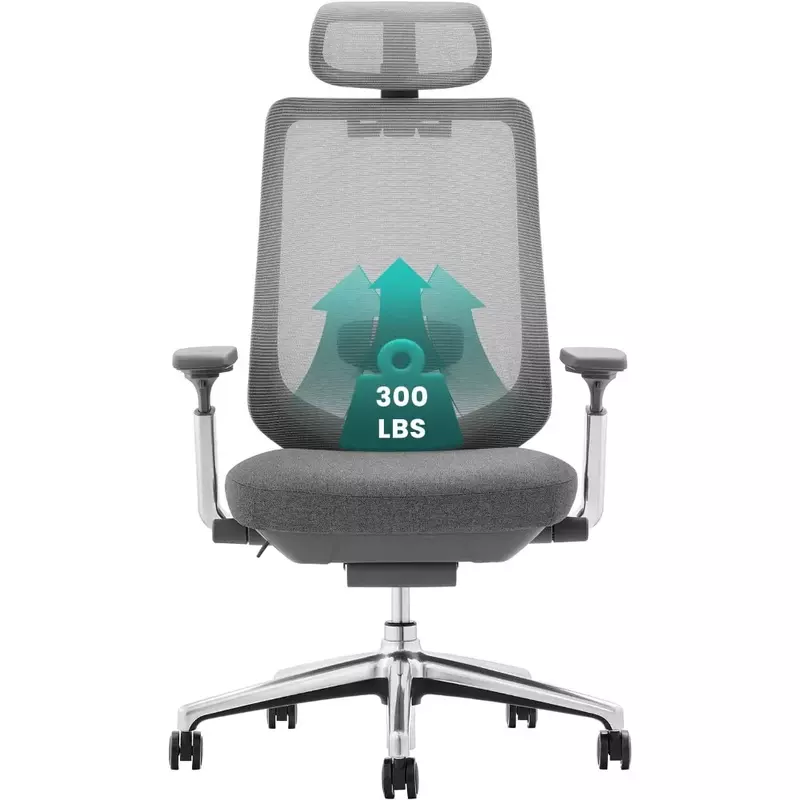 Ergonomiczne krzesło biurowe siatkowe, wysokie oparcie komputerowe krzesło biurowe z regulowanym zagłówkiem i 4-dniowymi podłokietnikami, przesuwane siedzisko, ciemnoszary