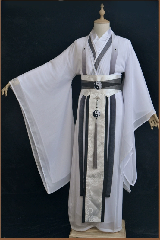 Hanfu จีนแบบอมตะสีขาวสำหรับคอสเพลย์การแสดงบนเวทีชุดเจ้าชายนักวิชาการชุดคอสเพลย์ qlgz