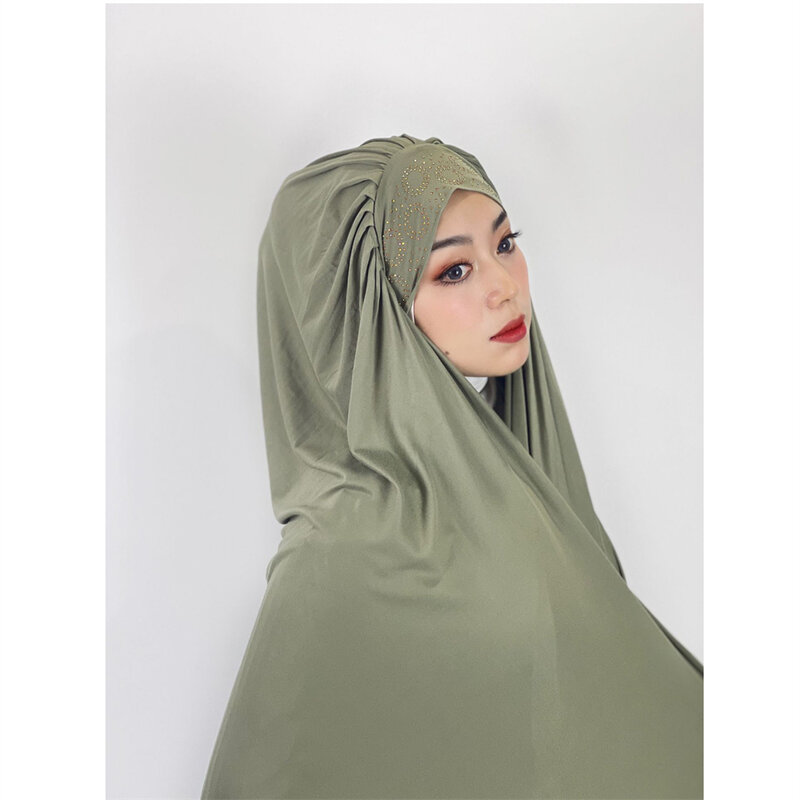 Malaysia Muslim jilbab instan Jersey ikat belakang berlian imitasi bungkus kepala wanita kerudung selendang Ramadan Islam siap untuk memakai jilbab bungkus
