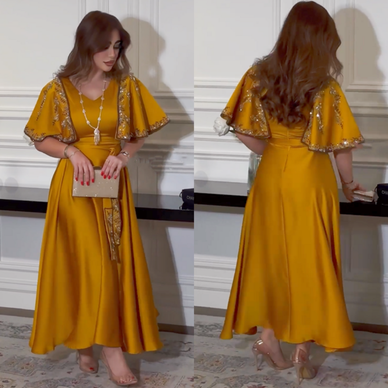 Cetim Beading V-Neck Ball Dress, Vestido de baile, Vestido A-Line Formal, Ocasião sob medida, Arábia Saudita