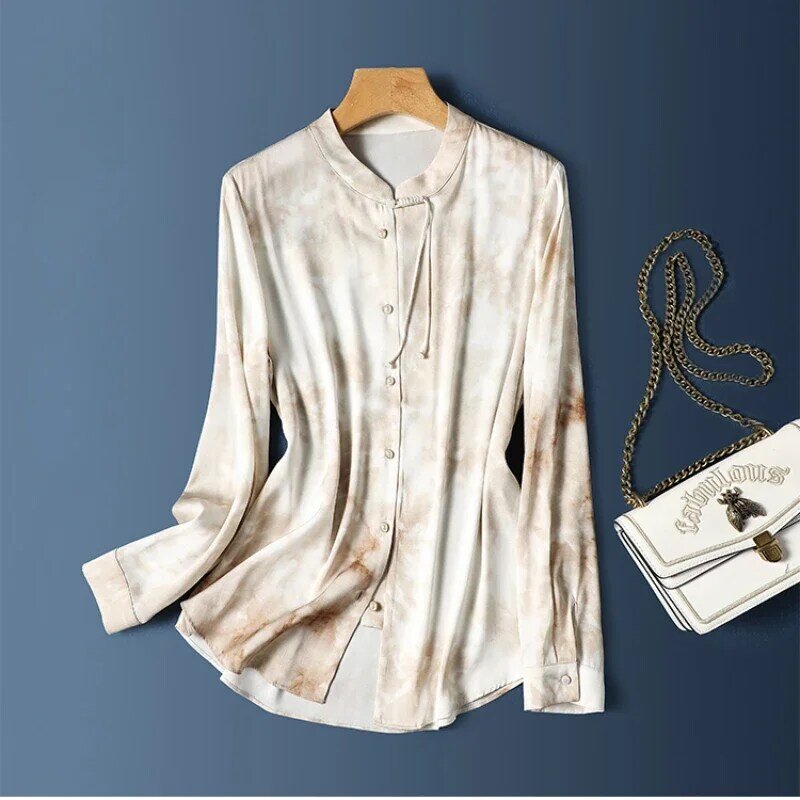 YCMYUNYAN-Camisa cetim feminina, blusa vintage estampada, top solto estilo chinês, roupas da moda, primavera e verão