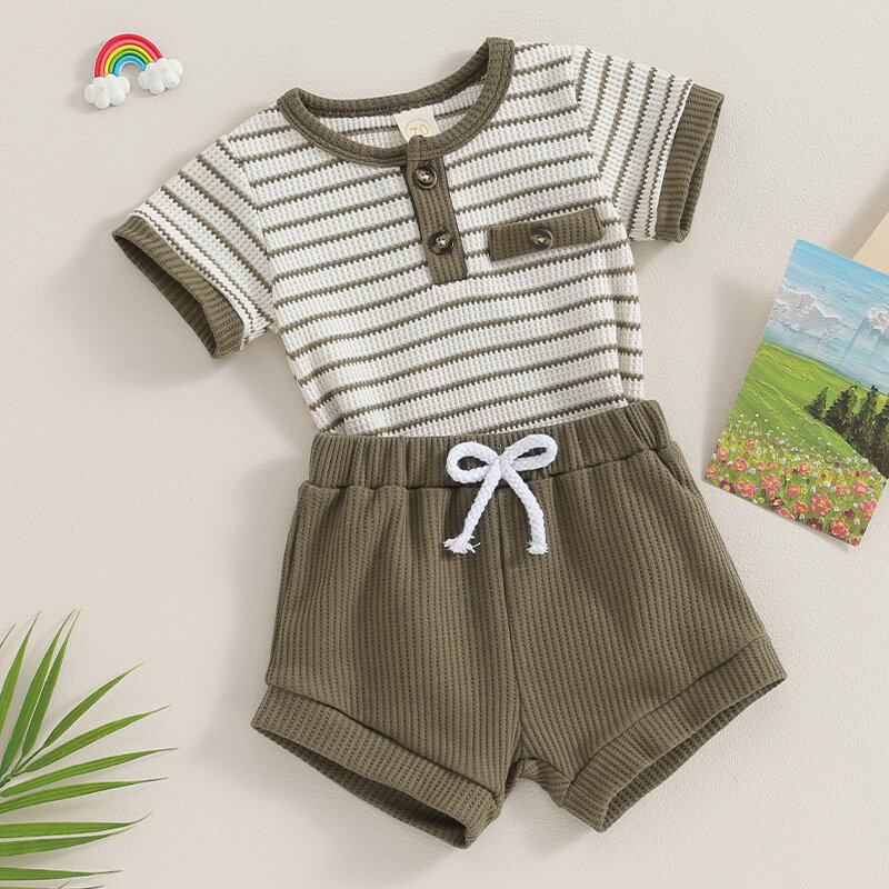 VISgogo Newborn Baby Boy Summer Outfits Round Neck Short Sleeve Striped Button Romper Elastic Waist Shorts 2Pcs Waffle Knit Set