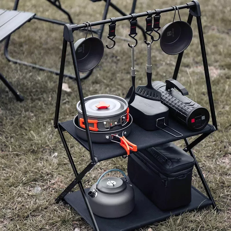 Rak pengeringan gantung mangkuk berkemah, rak penyimpanan peralatan masak BBQ piknik paduan aluminium dengan kait paduan aluminium