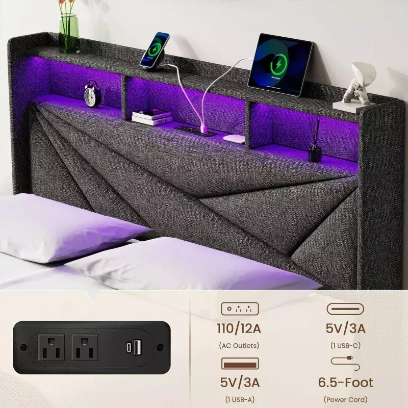 Marco de cama de matrimonio LED con 2 cajones de almacenamiento, cabecero de tamaño tapizado y estación de carga, sin resorte de caja