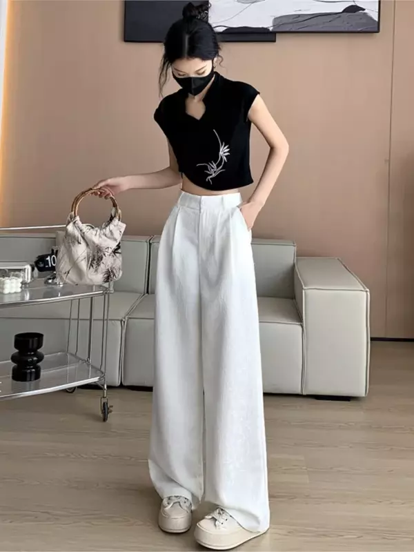 Pantalones de pierna ancha de Jacquard de satén en relieve para mujer, pantalones casuales de cintura alta, estilo nacional chino, nuevo