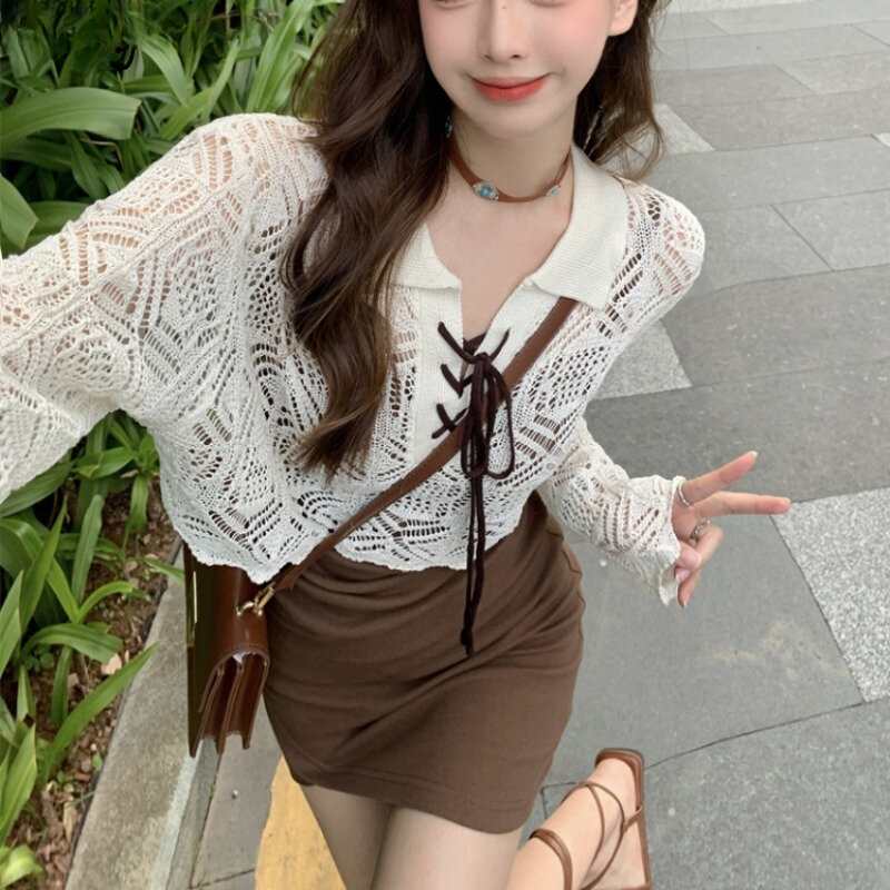 Dress Sets Women Summer Spicy Girls Simple Daily Casual Hollow Out Lace-up Designed Ulzzang Popular High Street Attractive Chic