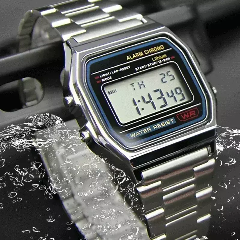 F91W jam tangan gelang baja tahan karat jam tangan militer olahraga Digital Retro kedap air mewah jam tangan elektronik Pria Wanita