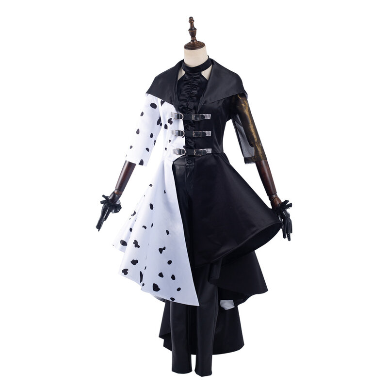 Cruella Cosplay Kostüm Erwachsene Frauen Fantasy Mantel Kleid Perücke Outfits Halloween Karneval Verkleidung Anzug