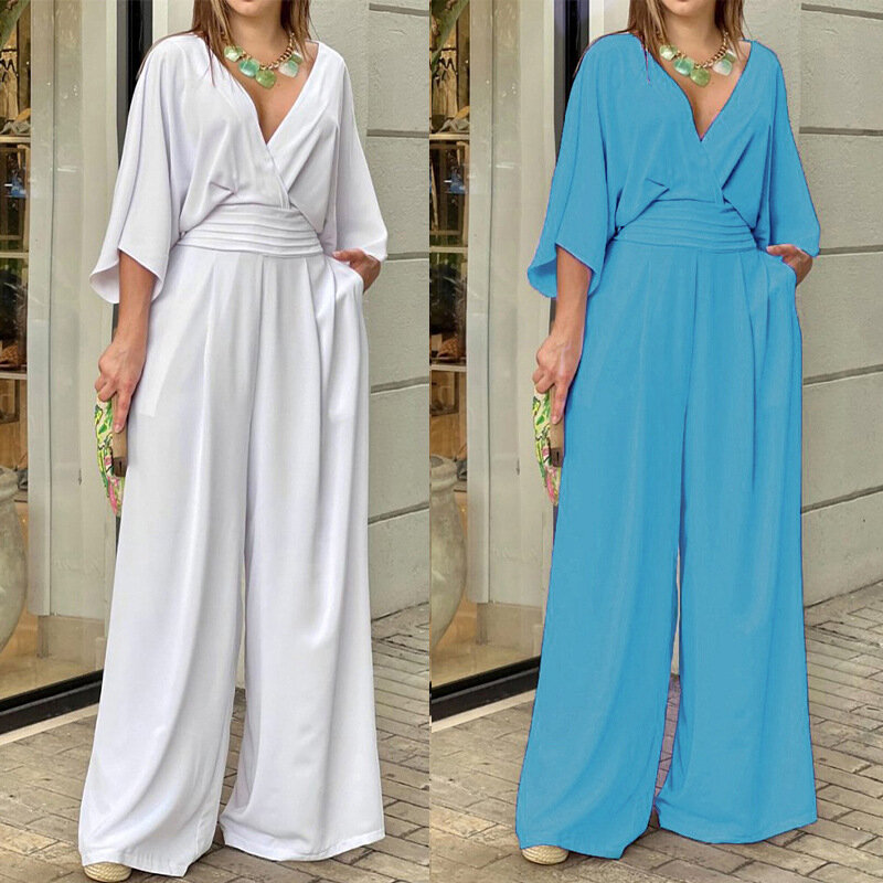 2024 Women's Fashion, Casual, And Minimalist Style V-Neck Loose Waist Jumpsuit