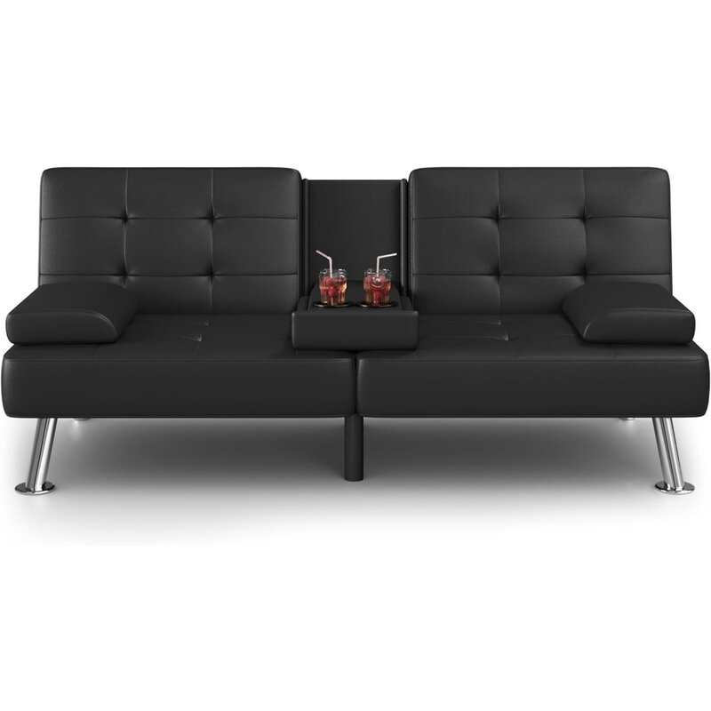 Canapé inclinable à pieds en métal noir, meubles de salon, 2 porte-gobelets, lits pliants, canapé-lit, maison, paresseux