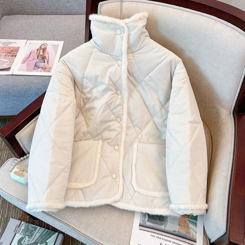 Jaqueta de algodão com costura de pele feminina, casaco curto, Parkas femininas grossas, outwear à prova de vento, inverno, 2023