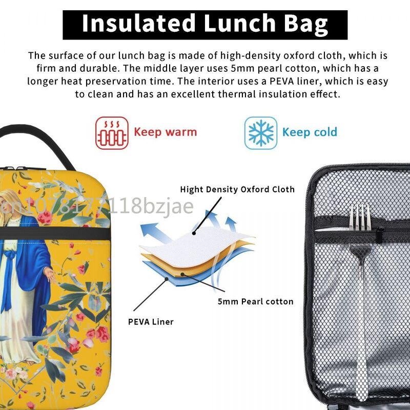 Virgin Mary Mother Of God Blessed Mary Thermal Insulated Lunch Bags for School Portable Food Bag Container Cooler Lunch Boxes
