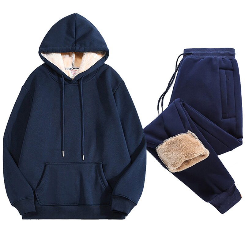 Male Casual Outfit Sets Thicken Lambwool Set Winter Warm Two Peice Sets Casual Sports Suit Thickened Warm Hoodies Pants