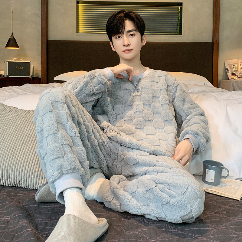 2024 Winter Long Sleeve Thick Warm Flannel Pajama Sets For Men Coral Velvet Korean Fashion Sleepwear Suit Pyjamas Homewear New