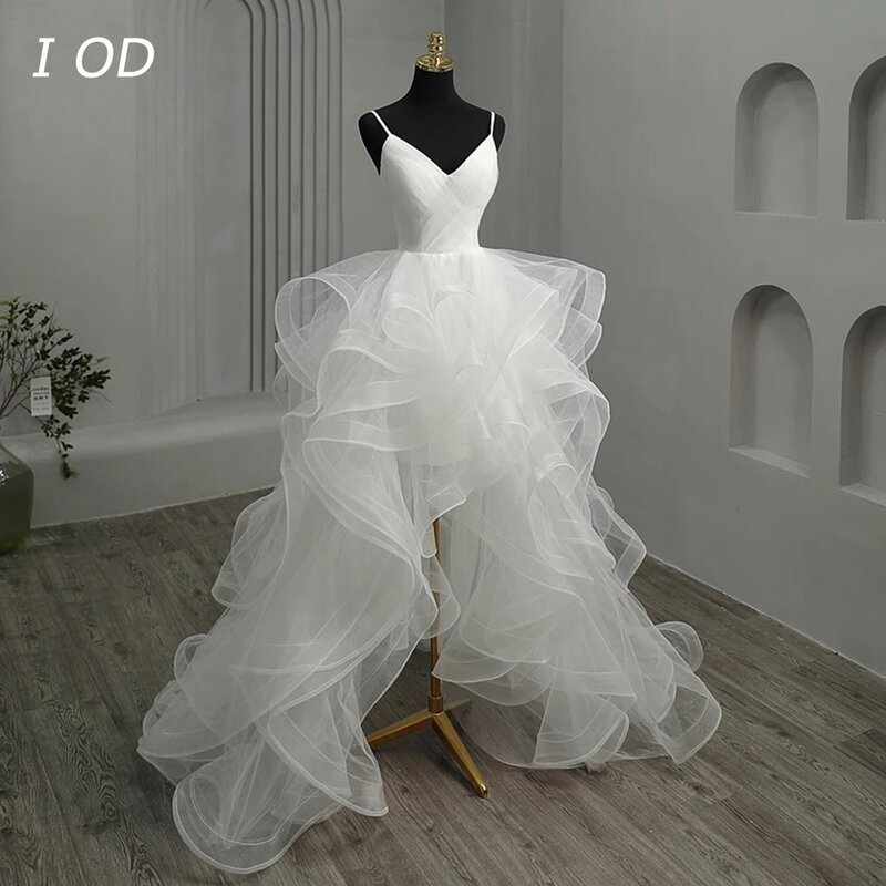I OD-Robe de mariée en mousseline de soie à col en fibre, jupe moelleuse ondulée, queue de mariée
