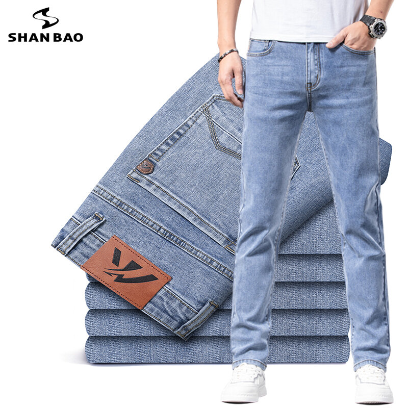 Verão outono nova marca masculina ajuste em linha reta fina algodão estiramento jeans clássico bolso juventude leve azul calças