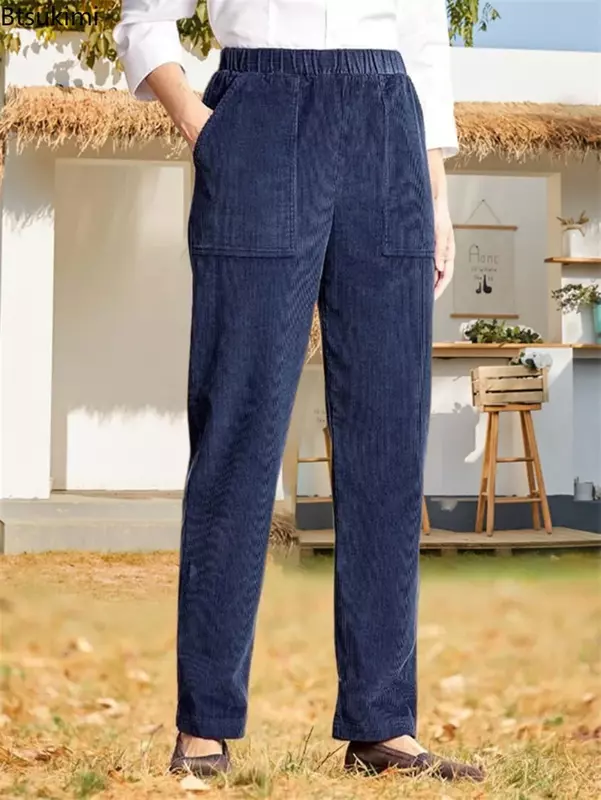 Celana hangat korduroi untuk wanita, celana panjang Harem kasual hangat warna polos longgar, celana Sweatpants Vintage ukuran ekstra besar 2024 untuk wanita