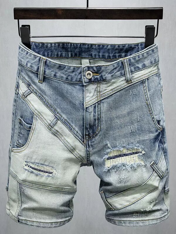 Pantalones vaqueros cortos rasgados para hombre, Jeans de diseñador de moda, Retro, azul lavado, empalmado, Hip Hop, Vintage, informal, Verano