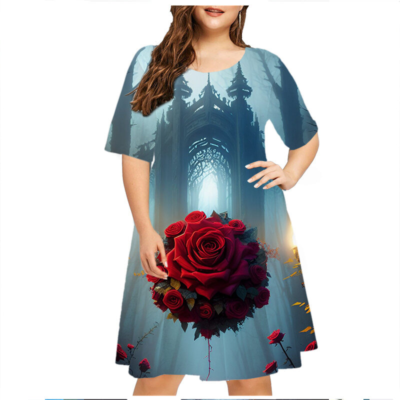Letnia sukienka na plażę damska róża kwiatowa z krótkim rękawem luźna sukienka modna gotycki styl odzież Streetwear Plus rozmiar 6XL