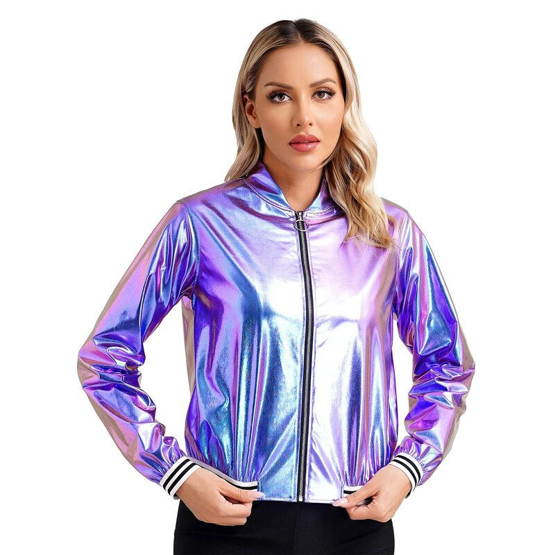 Womens Shiny Metallic Holographic Long Sleeve Zip Up Bomber Jacket Baseball Collar Coat Outerwear Concert Rave Party Clubwear