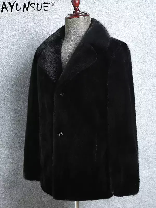 AYUNSUE-Chaqueta de piel de visón Natural para Hombre, Abrigo de piel Real de visón de alta calidad, Color sólido, traje de cuello, moda de invierno