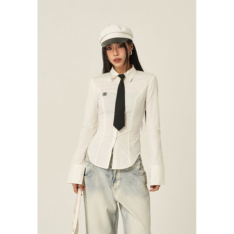 Y 2K Harajuku Stropdas Shirts Vrouwen Preppy Jk Wit Lange Mouw Blouses Streetwear 2000S Koreaanse Mode Slanke All Match Chique Tops Nieuw