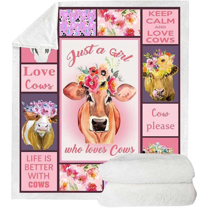 Cow printed blanket cartoon watercolor cow autumn blanket cute pink farm animal flannel blanket birthday gift