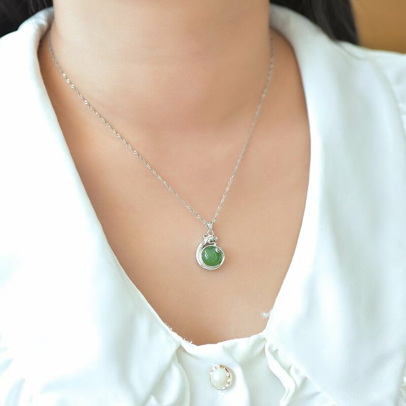 S925 Silver Inlaid Jasper Pendant Natural Hetian Jade Necklace Pendants Retro Auspicious Dragon Jewellery Gifts Women Jewelry