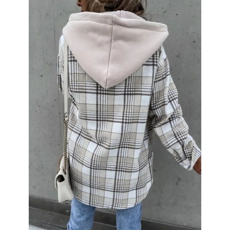 Jaket wol bertudung untuk wanita, mantel modis longgar kotak-kotak bertudung, jaket wol elegan berkancing saku desain musim gugur