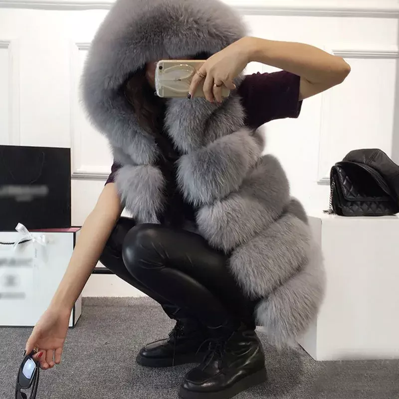 Mouwloos Nepbont Vest Winter Casual Bovenkleding Dames Effen Nep Vossenbont Capuchon Overjassen Voor Dames 2023 Mode Bontvest Femme