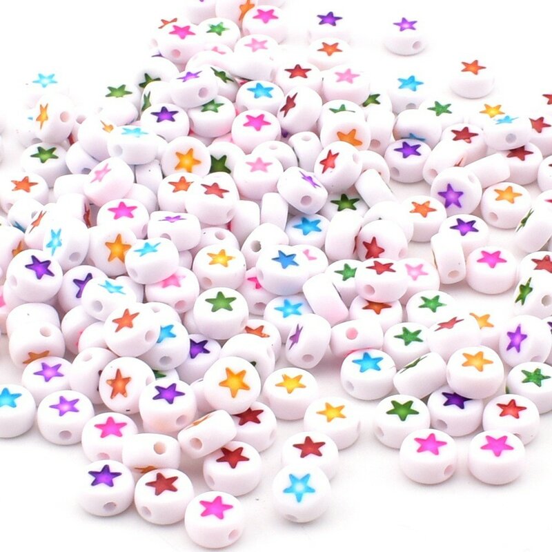 50 buah/Lot 7*4*1mm DIY manik-manik akrilik manik-manik buatan tangan bulat putih latar belakang manik-manik bintang berwarna untuk membuat perhiasan