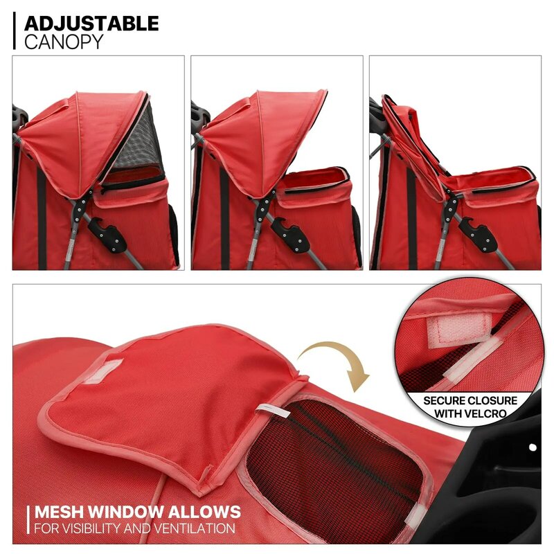 Red 3-Wheel Foldable Pet Stroller: Weather Cover, Breathable Mesh for Small/Medium Pet