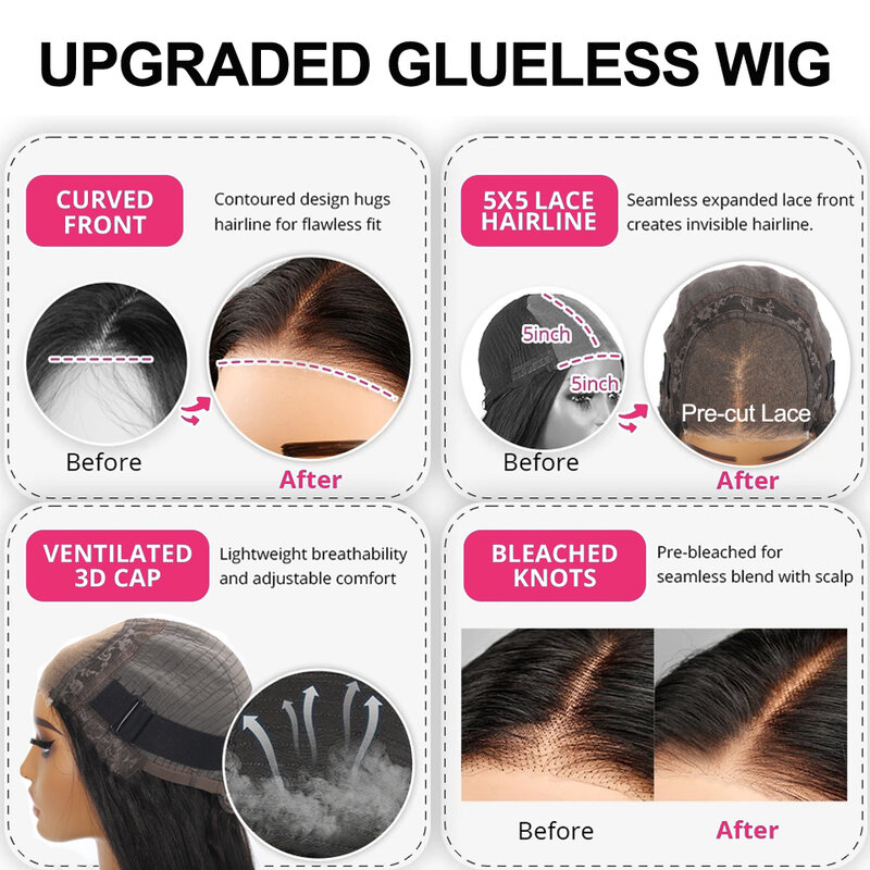 Kinky Straight Glueless Human Hair Wig, Prête à porter, HD Lace Front Wig, Yaki Frmeds, 5x5 Lace Closure Wig, 13x4, 13x6