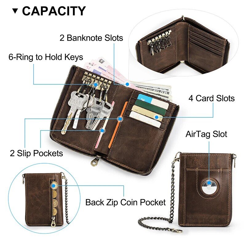 メンズジッパー式財布,本革ウォレット,チェーン付き小さな本革ウォレット,コインポケット