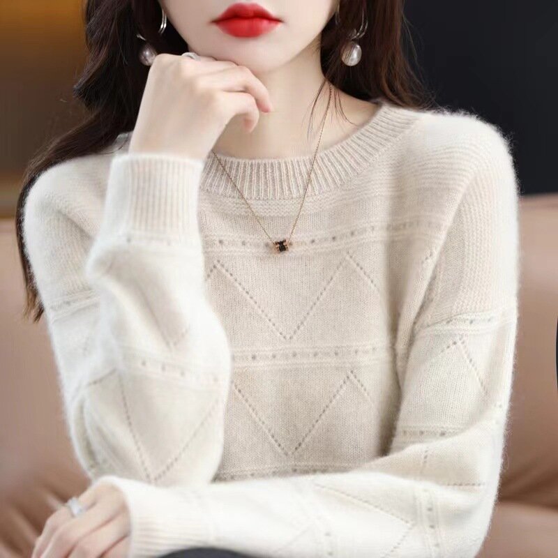 Пуловер женский с вырезами, свободный трикотажный свитер с длинным рукавом и круглым вырезом, теплая вязаная одежда, осень-зима