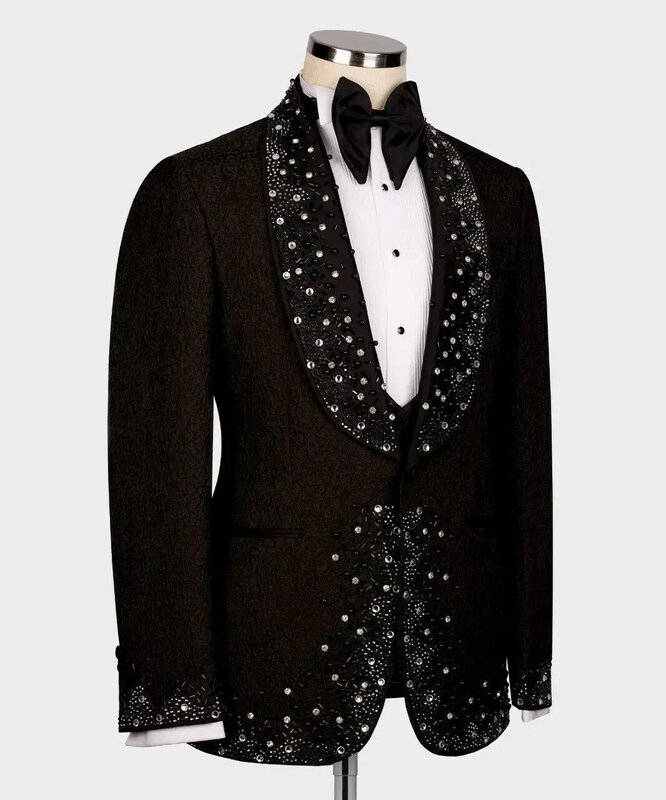 Conjunto de trajes de Jacquard negro para hombre, Blazer + Pantalones de lujo, chaqueta hecha a medida con cristales, esmoquin de boda para novio, vestido de fiesta de graduación, abrigo de 2 piezas
