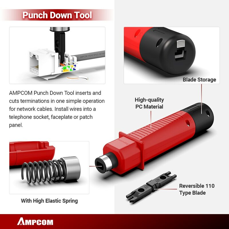 AMPCOM Lan Tester Tool Set, cabo Ethernet Stripper, Punch Down Tool, Crimper, RJ 45, RJ11 Conectores, 12 em 1, Rede Repair Set