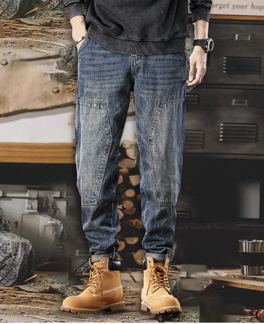 Calça jeans de harém solta masculina, make old splicing, calça de bolsos grandes, estilo americano, primavera, outono