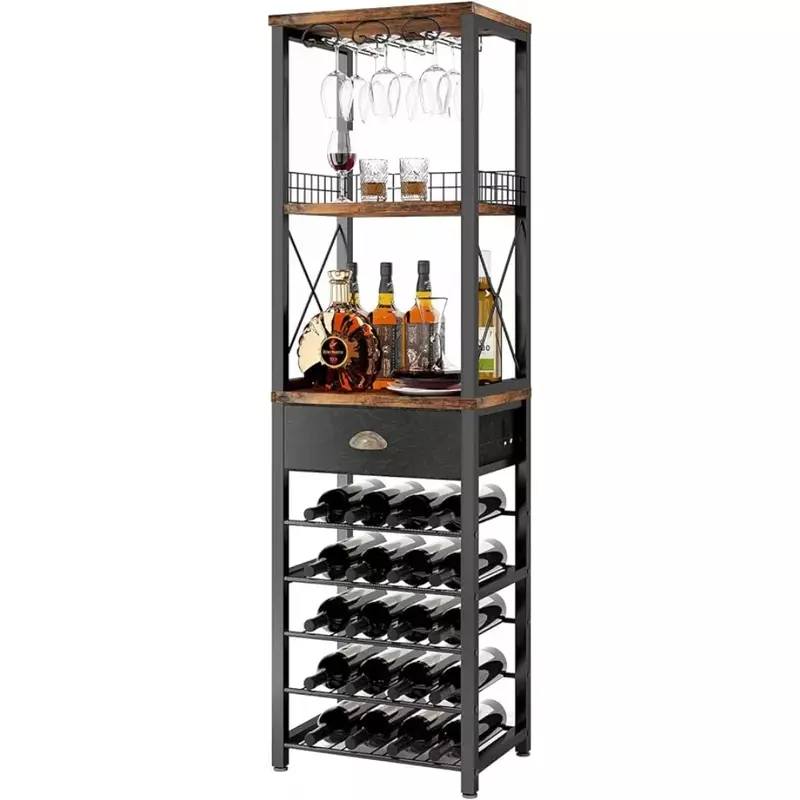 Stojak na wino Homeiju wolnostojąca podłoga, barowa szafka na alkohol i kieliszki, 4-poziomowa szafka barowa z blatem, stojak na kieliszki