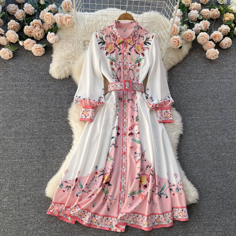 2023 Spring Autumn Boho Flower Dress Female Lapel Collar Long Sleeve Floral Print Party Beach Midi Vestidos With Belt