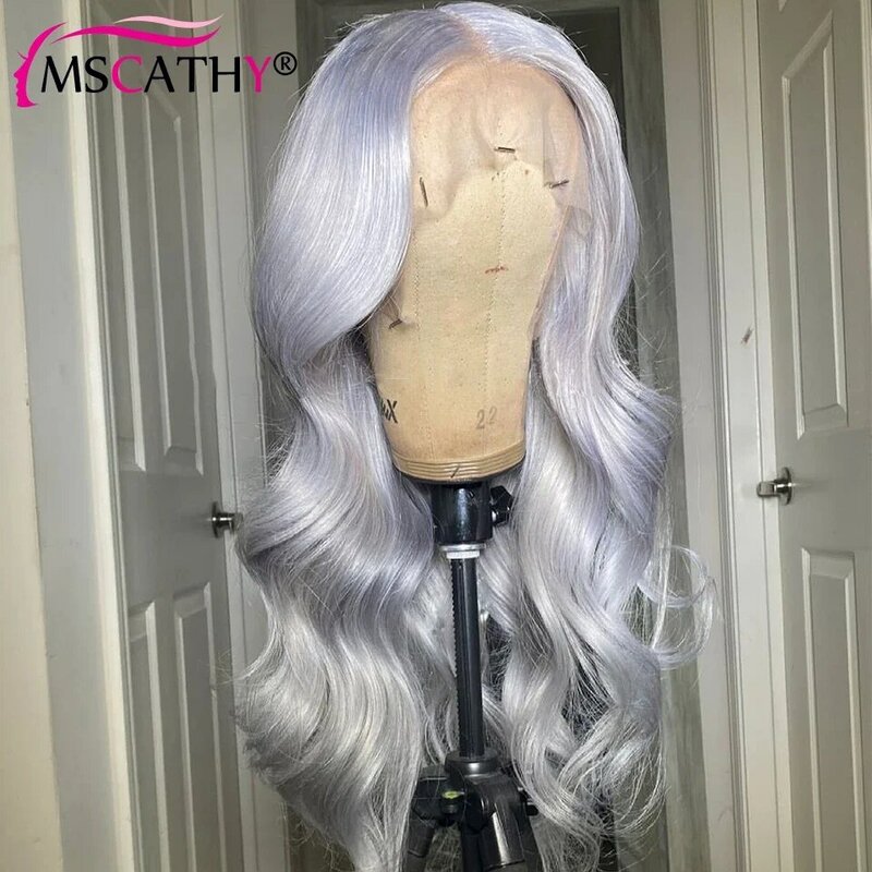 Peluca Frontal de encaje para mujer, cabello humano ondulado, color gris plateado, transparente, HD, predesplumada