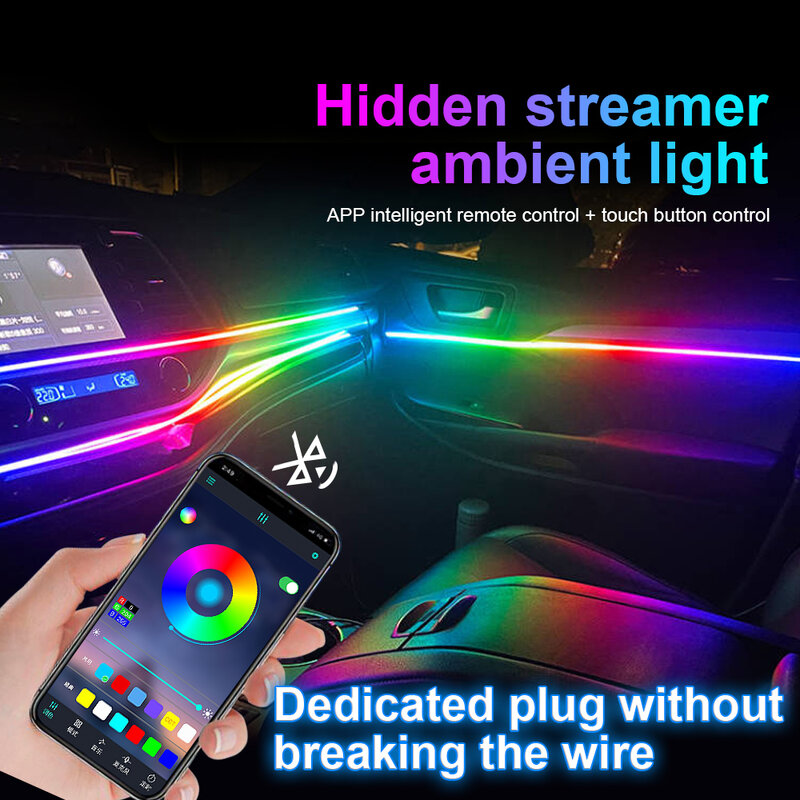 ไฟเส้นรูปซิมโฟนี18ใน1สำหรับตกแต่งรถยนต์หลอดไฟอะคริลิคภายในรถหลอดไฟ RGB 64สีรีโมทแอปบรรยากาศ