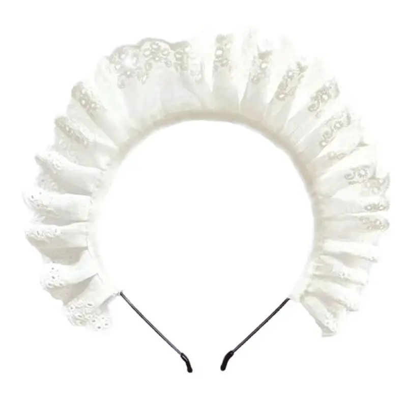 Lolita lipit renda rambut Hoop wanita elegan Hollow Out pola Makeup Headband untuk anak perempuan Cosplay pelayan aksesoris rambut F3MD