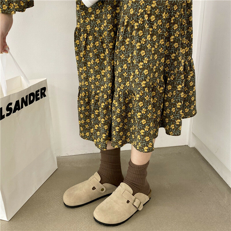 Женские замшевые шлепанцы Mr Co, модные сандалии с круглым носком, с пробковой стелькой, для улицы, пляжа, клоги в Бостонском стиле