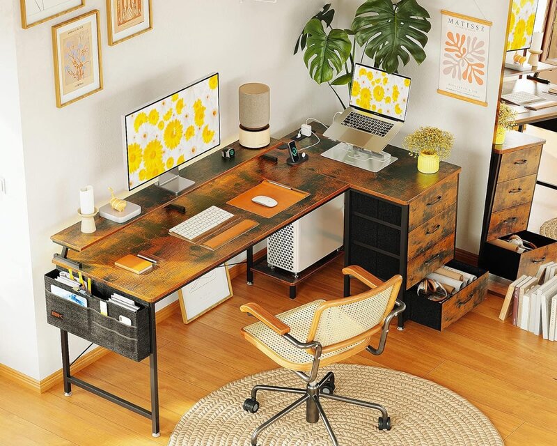 ODK reversível L Shaped Computer Desk, 4 camadas de tecido gavetas, mesa de jogos com luzes LED, USB Power Outlets, 63 pol
