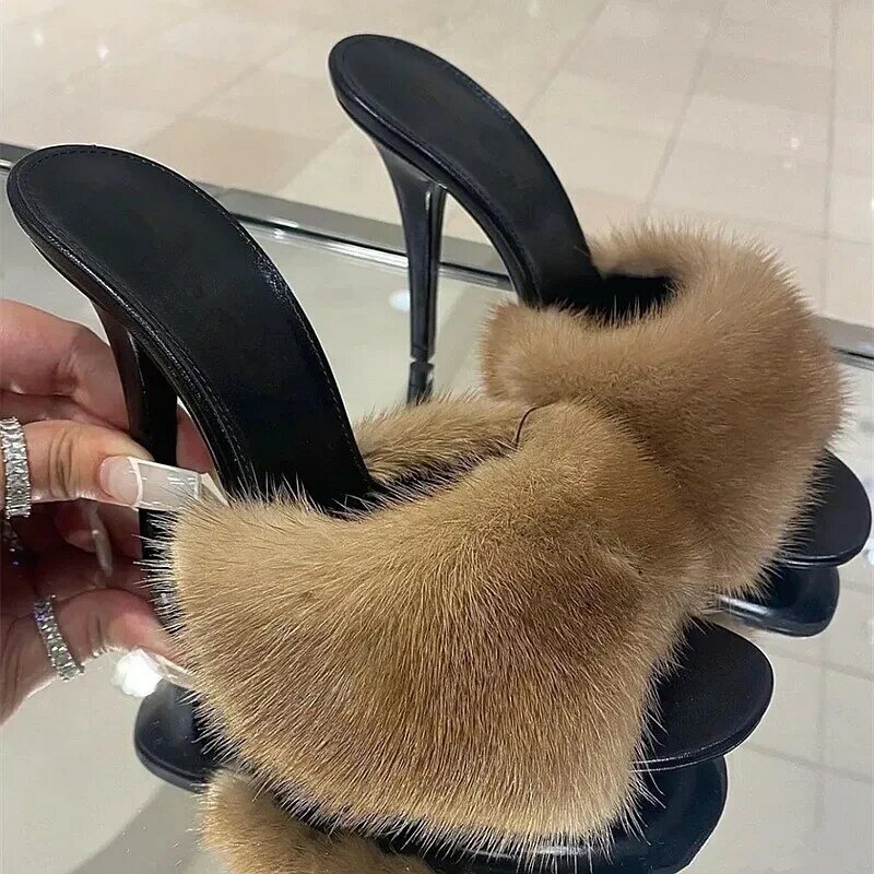 Mink fur high heels, women's slim heels, European and American summer new open toe sexy fish mouth banquet slippers