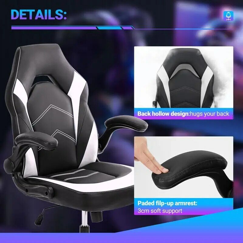 Ergonomic Office Computer Gaming Chair with Lumbar Support Flip-up Arms Adjustable Height PU Leather Swivel with Wheels