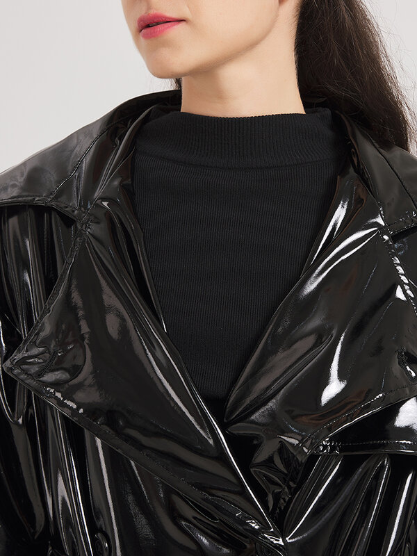 Lautaro wiosenna jesienna bardzo długi czarna błyszcząca odblaskowa miękka rozciągliwa lakierowana skóra płaszcz trencz dla kobiet płaszcz Maxi 2024