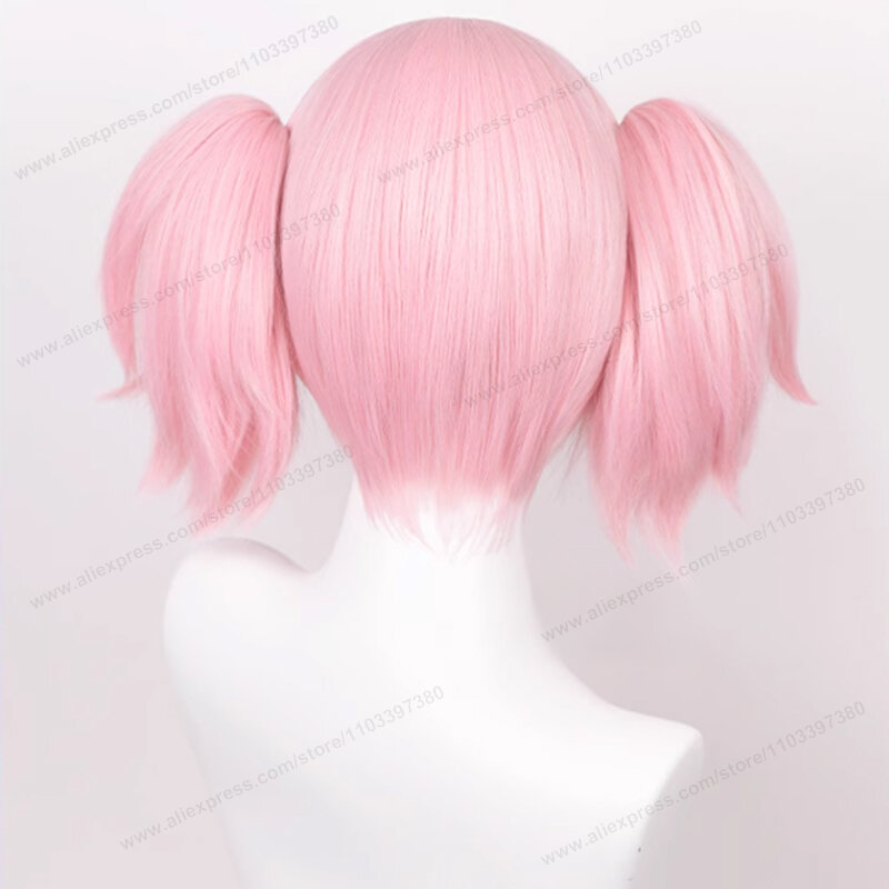 Kaname Madoka-peruca curta rosa com rabos de cavalo duplos, cabelo resistente ao calor, anime cosplay, linda peruca halloween, boné, 30cm